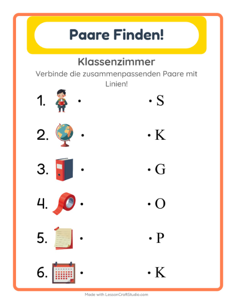 Vorschau: Zuordnung-Arbeitsblatt mit Klassenzimmer für Kindergarten