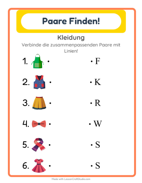 Vorschau: Zuordnung-Arbeitsblatt mit Kleidung für Kindergarten