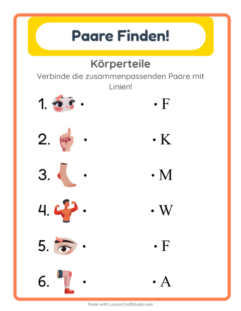 Vorschau: Zuordnung-Arbeitsblatt mit Körperteile für Kindergarten