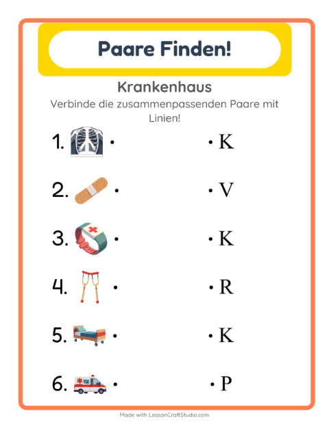 Vorschau: Zuordnung-Arbeitsblatt mit Krankenhaus für Kindergarten