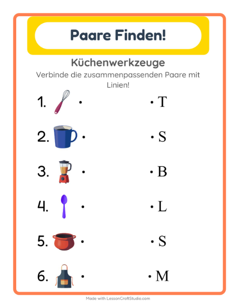Vorschau: Zuordnung-Arbeitsblatt mit Küchenwerkzeuge für Kindergarten
