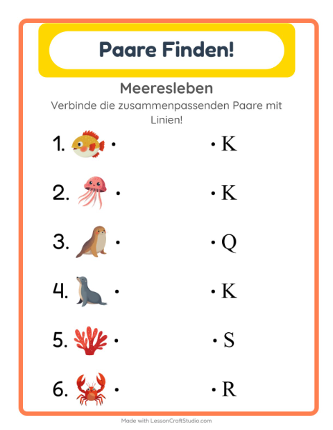 Vorschau: Zuordnung-Arbeitsblatt mit Meeresleben für Kindergarten