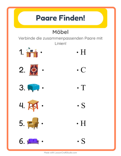 Vorschau: Zuordnung-Arbeitsblatt mit Möbel für Kindergarten