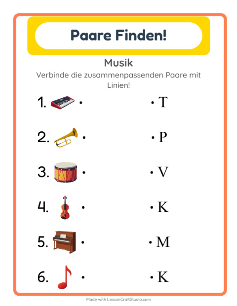 Vorschau: Zuordnung-Arbeitsblatt mit Musik für Kindergarten