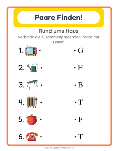 Vorschau: Zuordnung-Arbeitsblatt mit Rund ums Haus für Kindergarten
