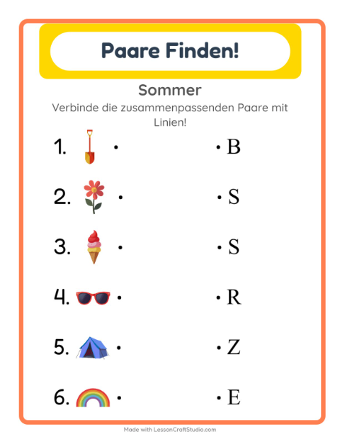 Vorschau: Zuordnung-Arbeitsblatt mit Sommer für Kindergarten