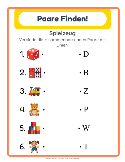 Vorschau: Zuordnung-Arbeitsblatt mit Spielzeug für Kindergarten