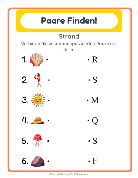 Vorschau: Zuordnung-Arbeitsblatt mit Strand für Kindergarten