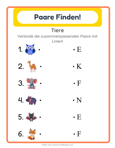 Vorschau: Zuordnung-Arbeitsblatt mit Tiere für Kindergarten
