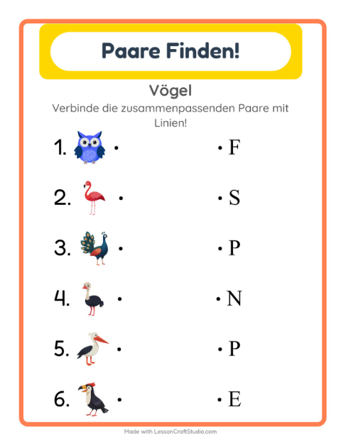 Vorschau: Zuordnung-Arbeitsblatt mit Vögel für Kindergarten