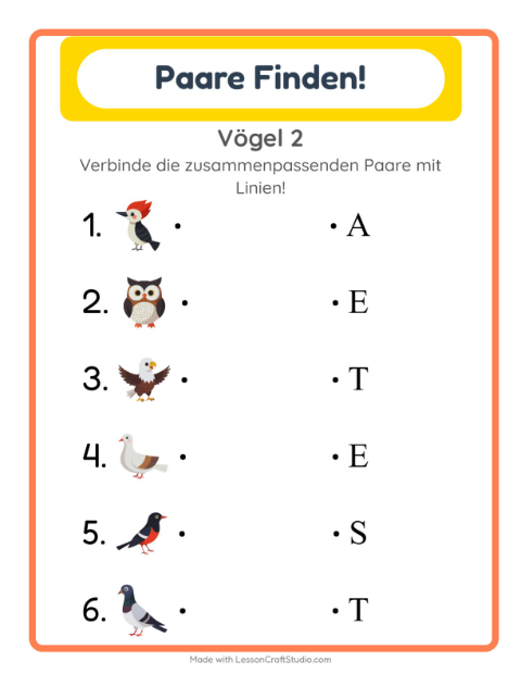 Vorschau: Zuordnung-Arbeitsblatt mit Vögel 2 für Kindergarten