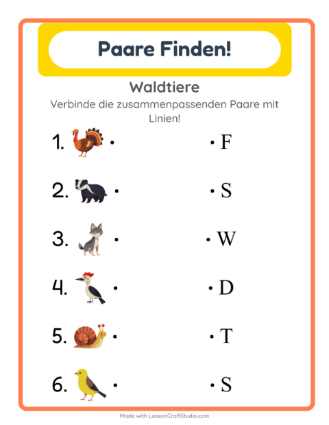 Vorschau: Zuordnung-Arbeitsblatt mit Waldtiere für Kindergarten
