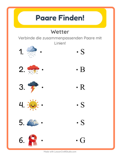 Vorschau: Zuordnung-Arbeitsblatt mit Wetter für Kindergarten