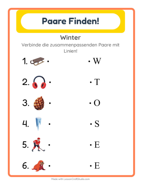 Vorschau: Zuordnung-Arbeitsblatt mit Winter für Kindergarten