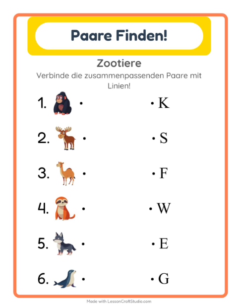 Vorschau: Zuordnung-Arbeitsblatt mit Zootiere für Kindergarten