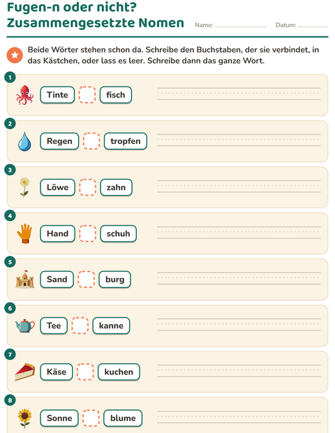 Vorschau: Zusammengesetzte Nomen-Arbeitsblatt für 2. Klasse