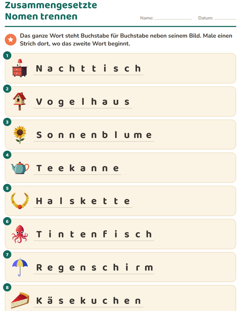 Vorschau: Zusammengesetzte Nomen-Arbeitsblatt für 2. Klasse
