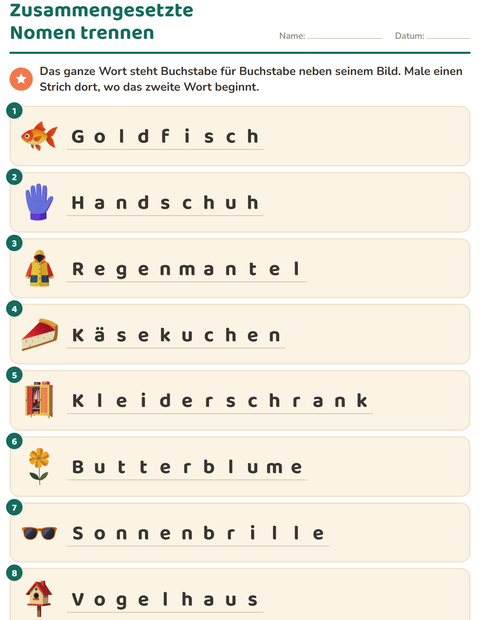 Zusammengesetzte Nomen trennen – ein Strich, wo das zweite Wort beginnt