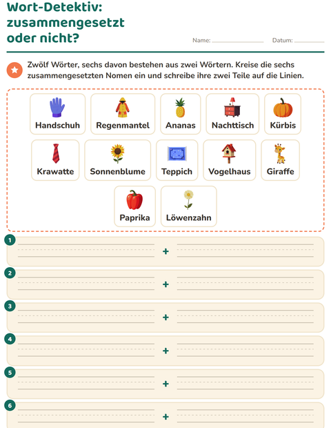Vorschau: Zusammengesetzte Nomen-Arbeitsblatt für 2. Klasse
