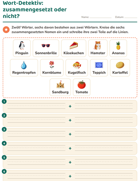 Wort-Detektiv – welche sechs von zwölf Wörtern bestehen aus zwei Wörtern?