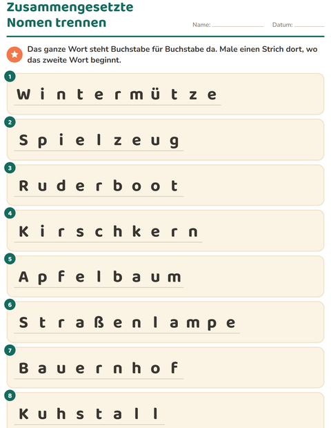 Vorschau: Zusammengesetzte Nomen-Arbeitsblatt für 2. Klasse