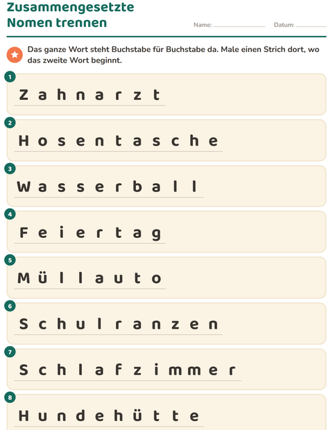 Vorschau: Zusammengesetzte Nomen-Arbeitsblatt für 2. Klasse
