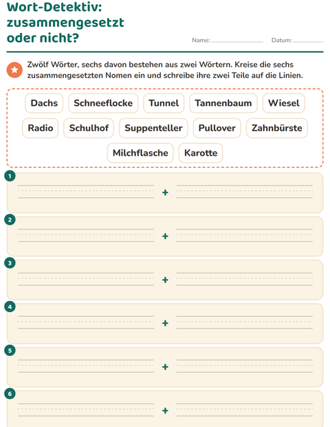 Vorschau: Zusammengesetzte Nomen-Arbeitsblatt für 2. Klasse