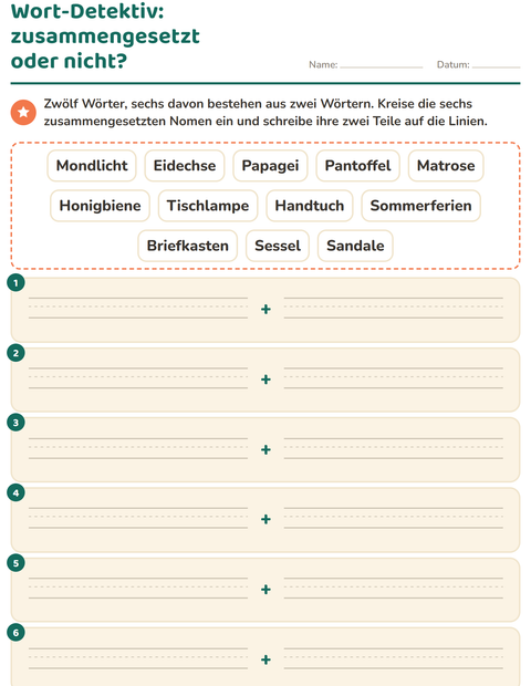Vorschau: Zusammengesetzte Nomen-Arbeitsblatt für 2. Klasse