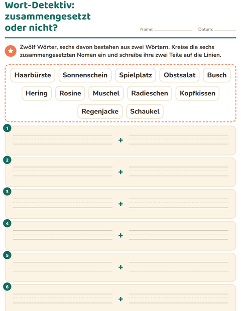 Vorschau: Zusammengesetzte Nomen-Arbeitsblatt für 2. Klasse