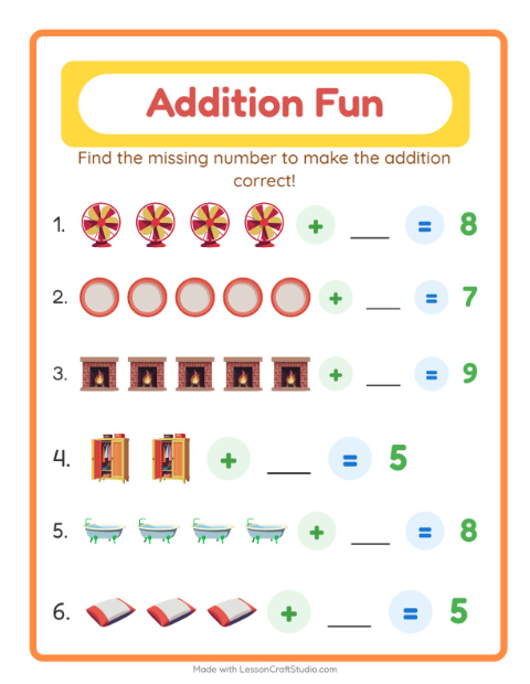 Preview of Addition worksheet featuring Around the House for kindergarten