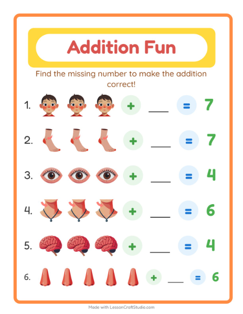 Preview of Addition worksheet featuring Body Parts for kindergarten