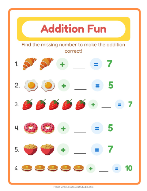 Preview of Addition worksheet featuring Breakfast for kindergarten