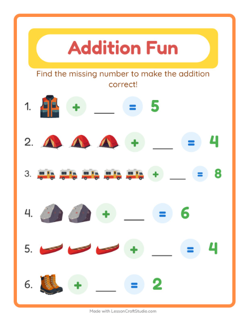 Preview of Addition worksheet featuring Camping for kindergarten