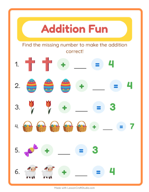 Preview of Addition worksheet featuring Easter for kindergarten