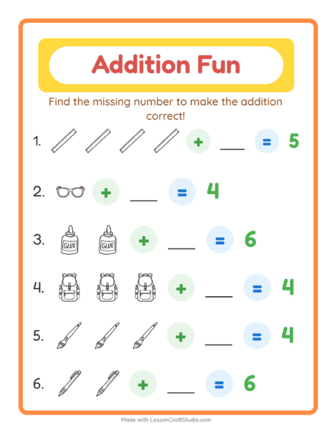 Preview of Addition worksheet featuring Furniture for kindergarten
