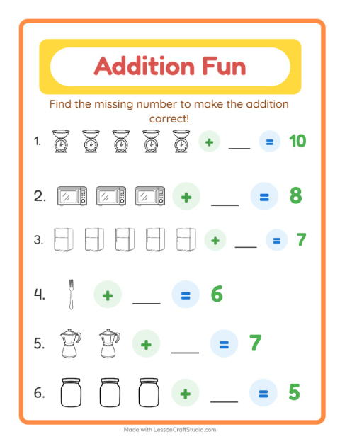 Preview of Addition worksheet featuring Kitchen BW for kindergarten
