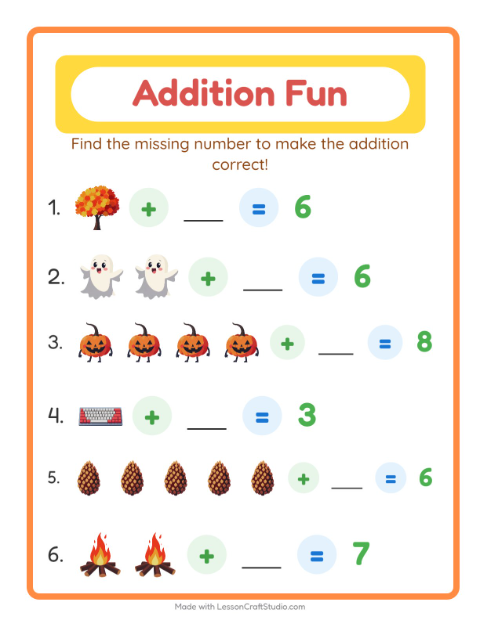 Preview of Addition worksheet featuring Miscellaneous for kindergarten