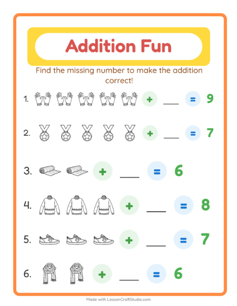 Preview of Addition worksheet featuring Toys for kindergarten