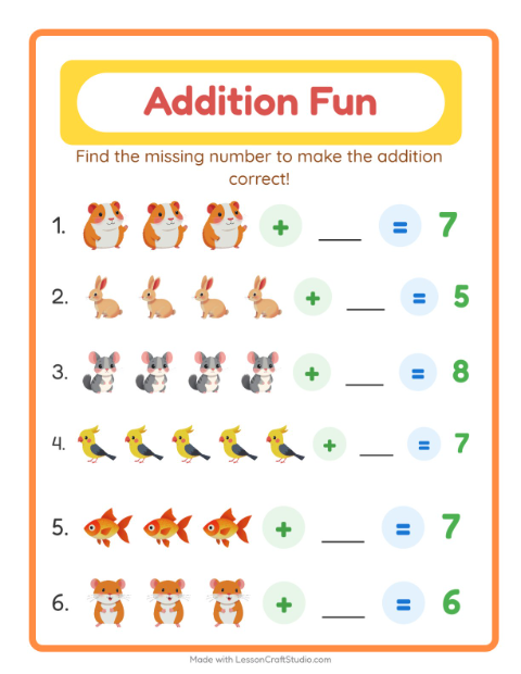 Preview of Addition worksheet featuring Pets for kindergarten