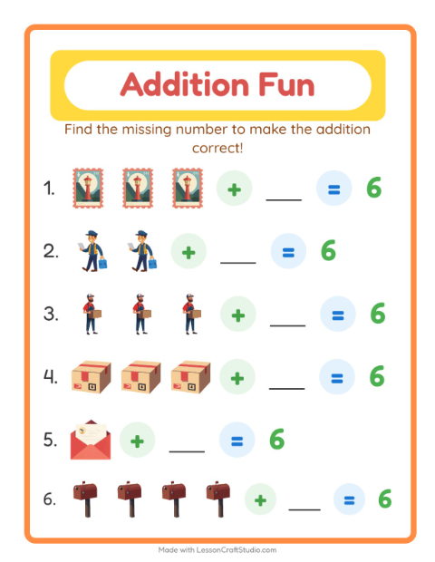 Preview of Addition worksheet featuring Post Office for kindergarten