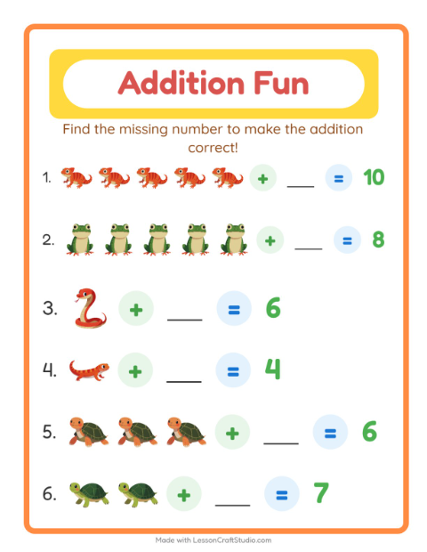 Preview of Addition worksheet featuring Reptiles and Amphibians for kindergarten