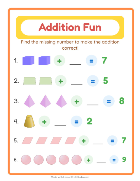 Preview of Addition worksheet featuring Education BW for kindergarten