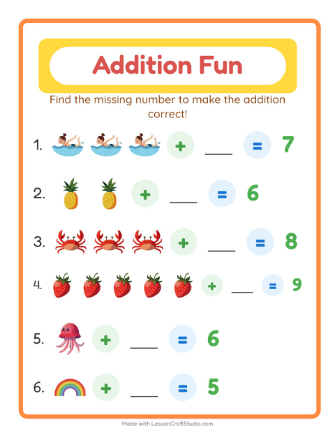 Preview of Addition worksheet featuring Summer for kindergarten
