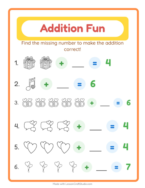 Preview of Addition worksheet featuring Valentine BW for kindergarten