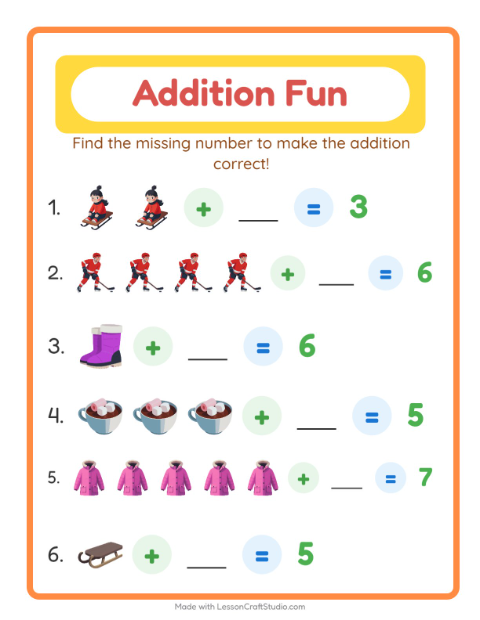 Preview of Addition worksheet featuring Winter for kindergarten