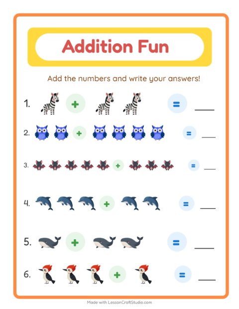 Addition with Animals — Kindergarten — 2