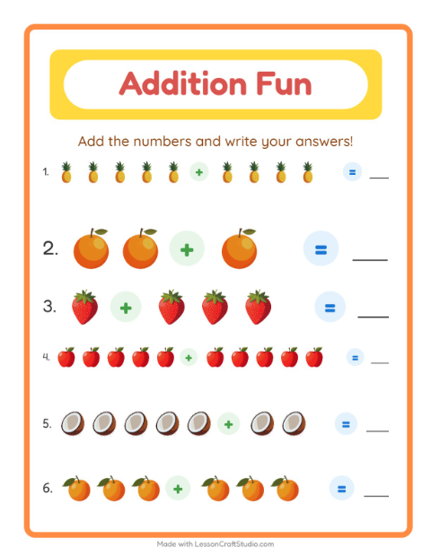 Preview of Addition with Fruits — Kindergarten