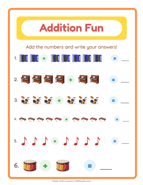 Preview of Addition with Musical Instruments — Kindergarten