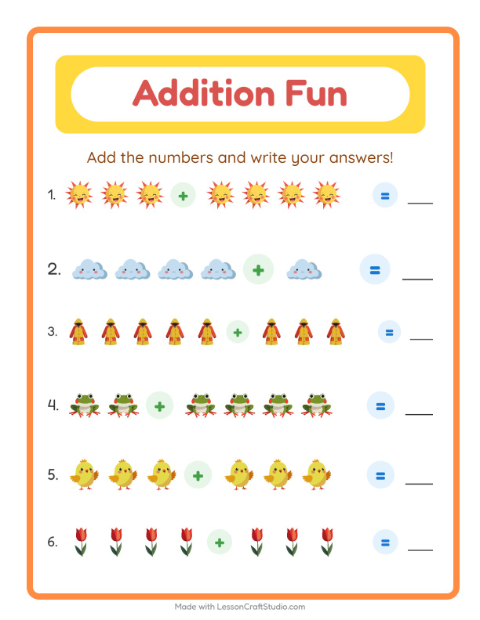 Preview of Addition worksheet featuring Spring for kindergarten