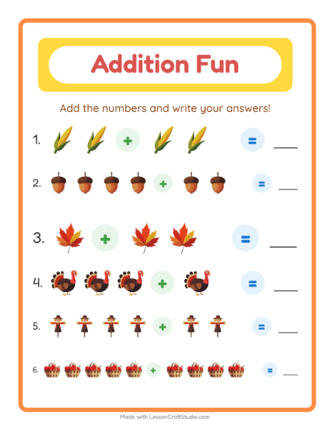 Preview of Addition worksheet featuring Objects BW for kindergarten